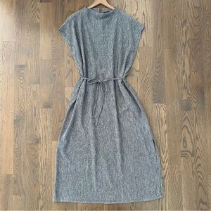 Eileen Fisher Woven Plissé Funnel Neck Full Length Dress in Grey Large